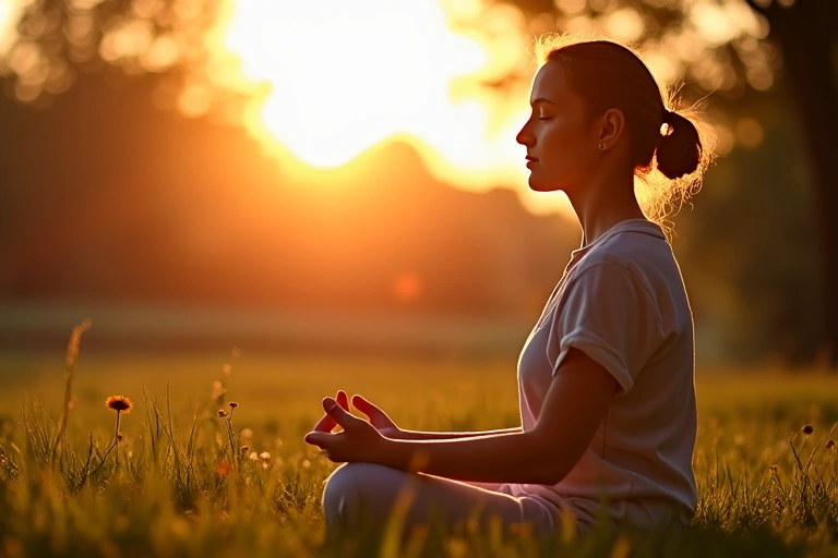 A person meditating peacefully outdoors, emphasizing mental well-being.